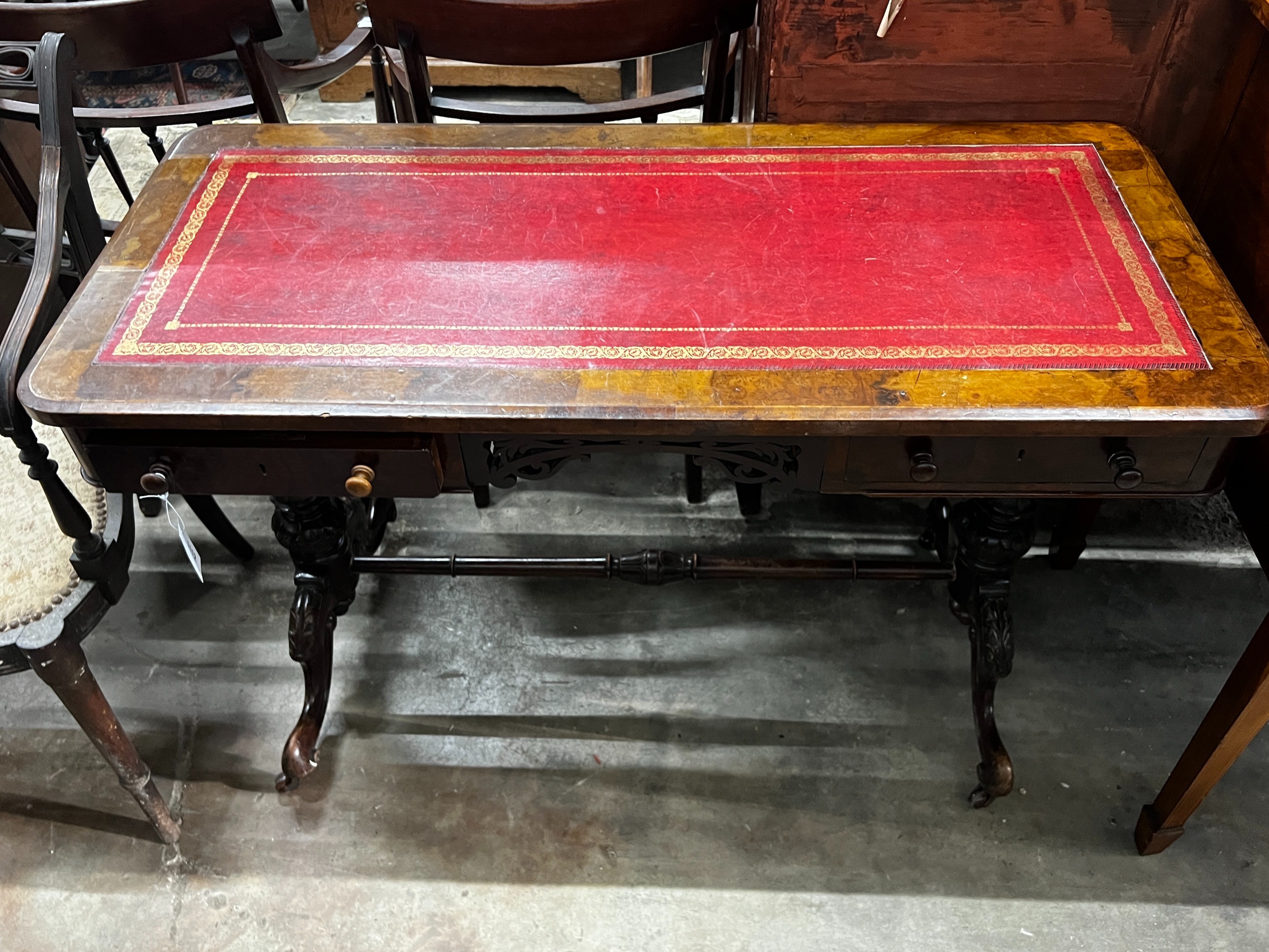 A Victorian walnut writing table, width 114cm, depth 52cm, height 73cm